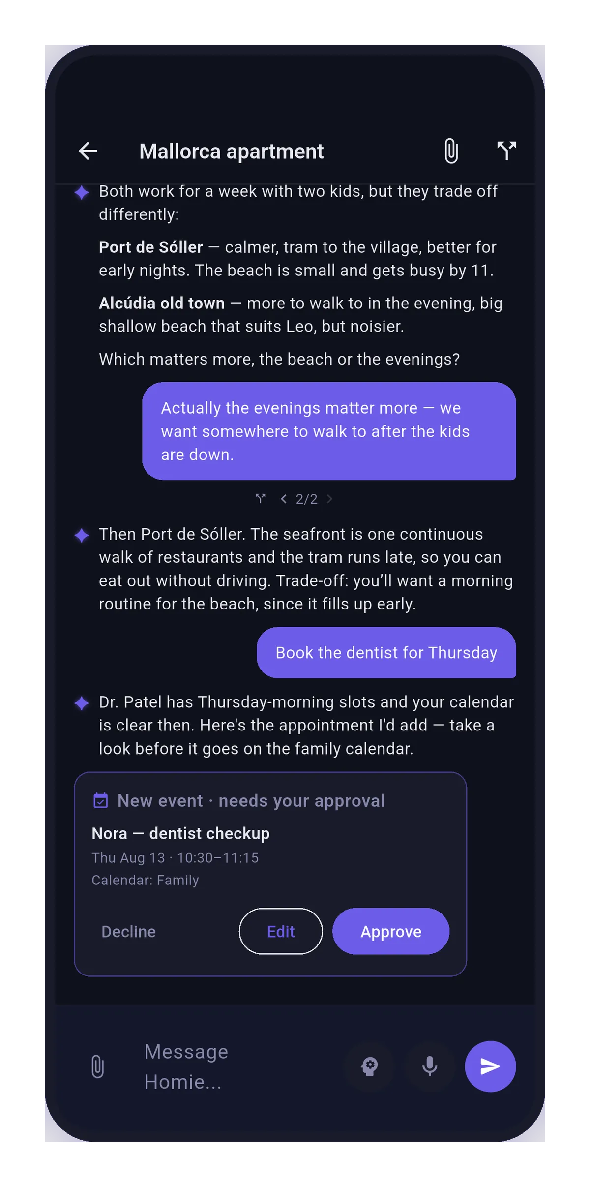 A chat where Homie asks to add a calendar event, with Approve, Edit and Decline buttons.