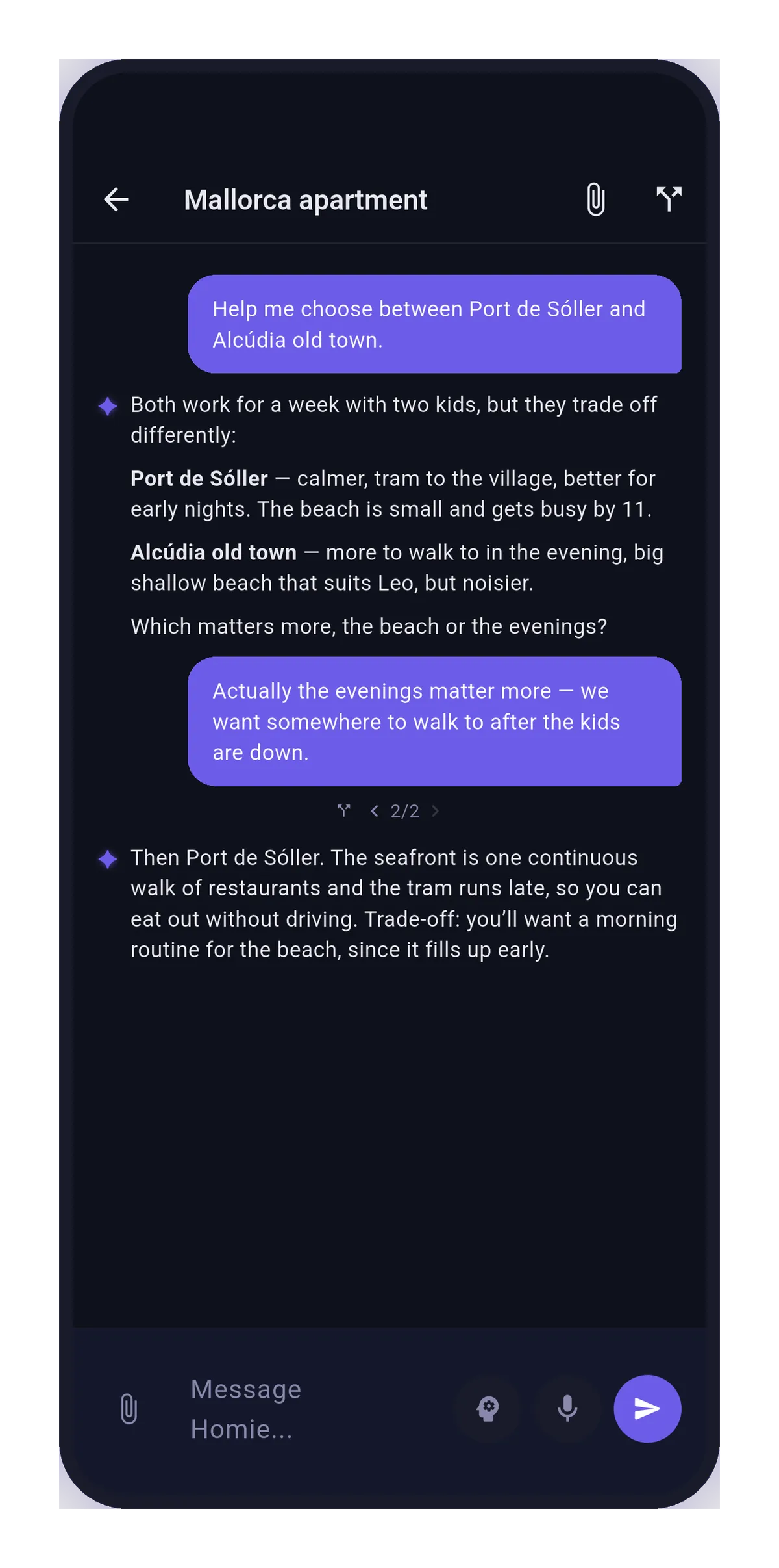 A chat thread with Homie, the reply streaming in with markdown formatting.