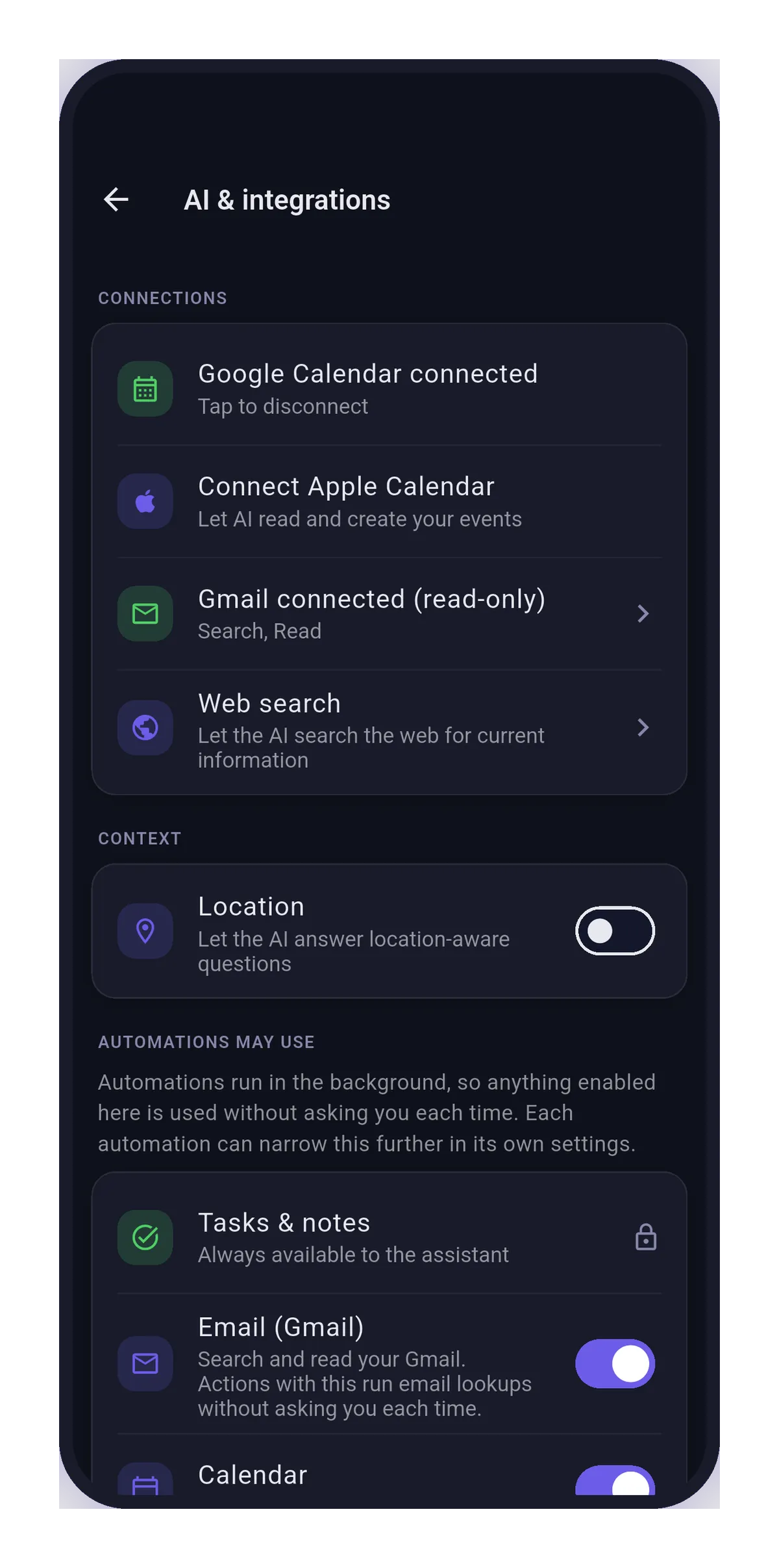 AI & integrations settings: per-service connections and the capabilities automations may use.
