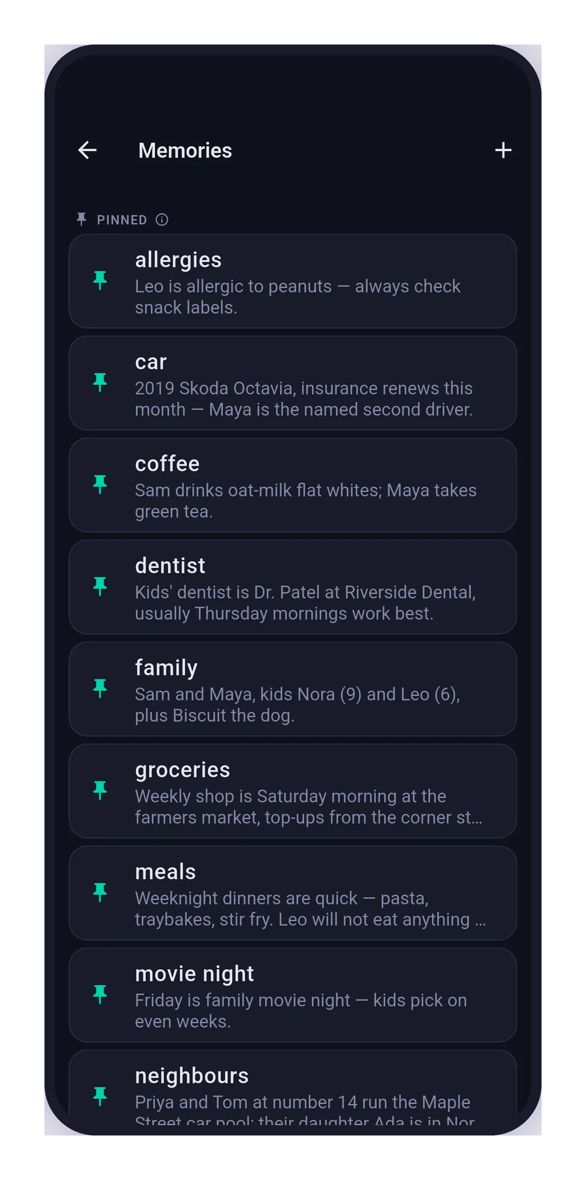 The Memories screen: plain-language facts Homie has learned, grouped into pinned essentials, facts and episodes.