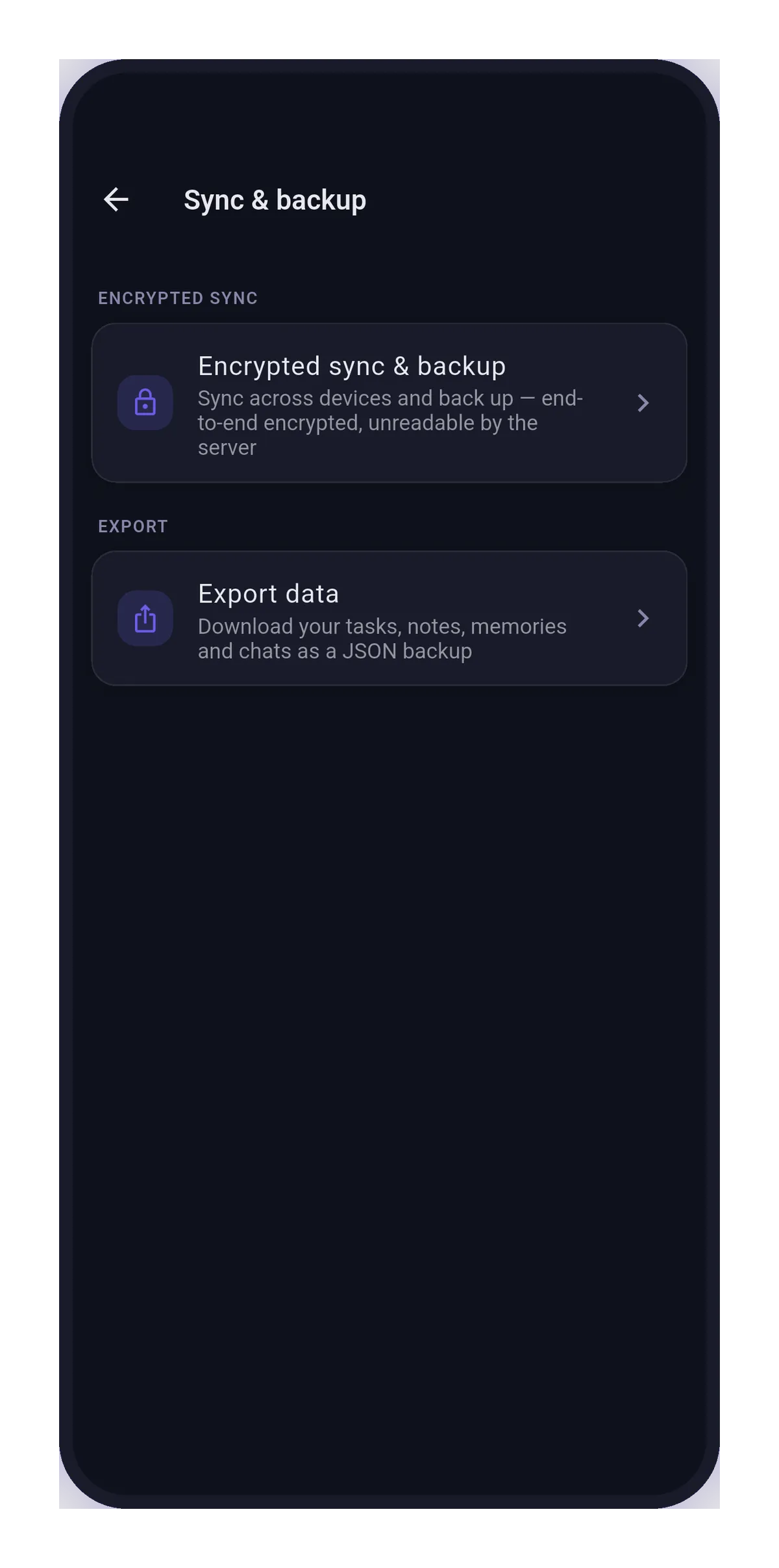Sync & backup settings: end-to-end encrypted sync controls and data export.